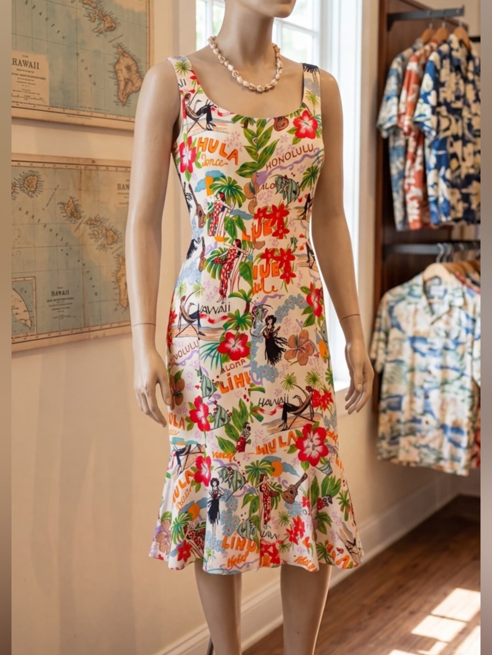 David Meister White Multi Tropical-Print Scoop-Neck Midi Dress